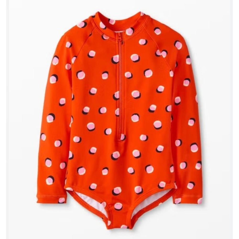 Hanna Andersson Girls Red Polka Dot Long Sleeve Rash Guard One Piece Swimsuit 12 - Picture 1 of 5